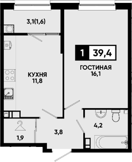 1-комн., 37.8 м², 4/9 этаж, ЖК «Квартал на курорте Моя Легенда»
