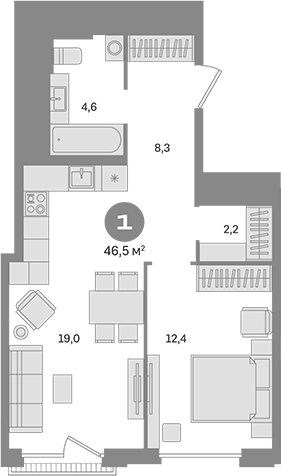 1-комн., 46.5 м², 11/16 этаж, ЖК «Квартал Герцена»