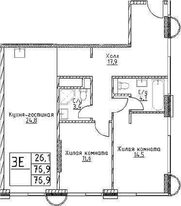 3-комн., 76.9 м², 27/29 этаж, ЖК «Наметкин Тауэр»