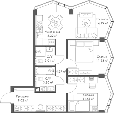 3-комн., 63.95 м², 6/24 этаж, ЖК «МИРА»