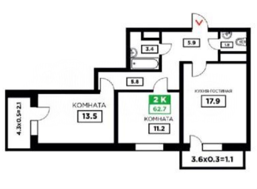 2-комн. квартира, 62.7 м² — фото 4