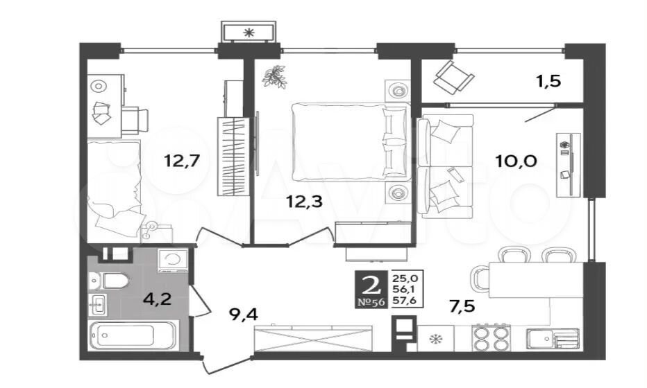 2-комн., 57.6 м², 3/18 этаж, ЖК «Порто-Ново»